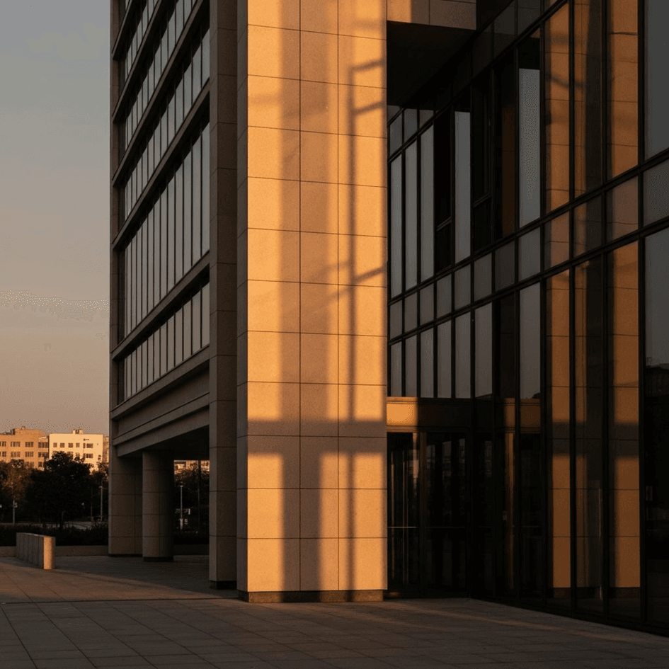 Moderne B\u00FCroarchitektur bei Sonnenuntergang